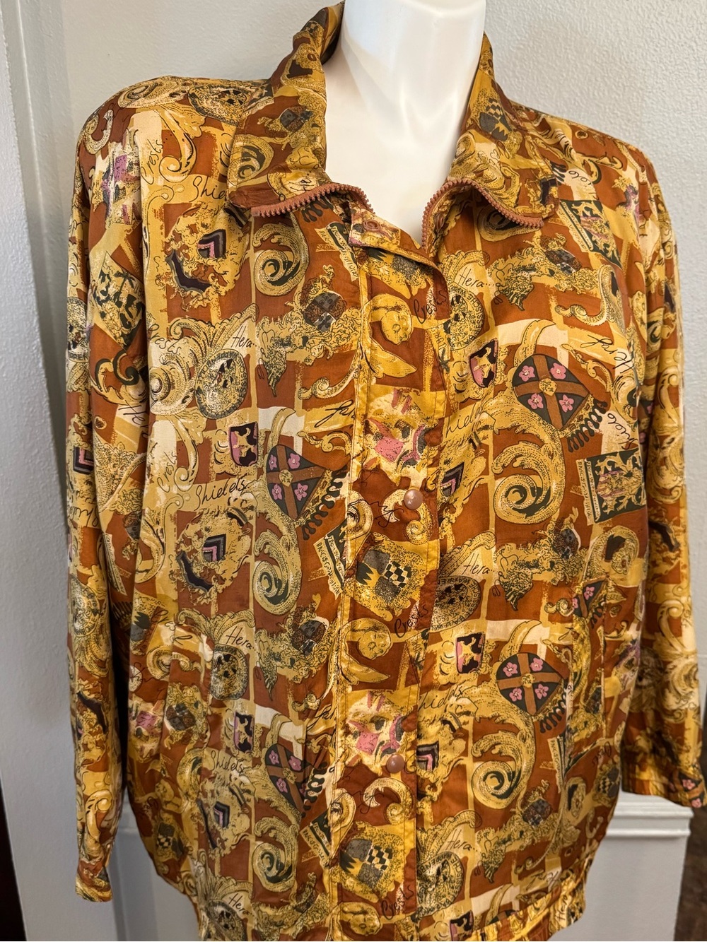 Women's  Silk Bomber Jacket in Gold & Brown Baroque Print